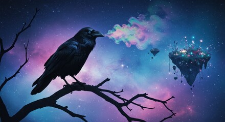 Raven on Branch with Floating Island in Space