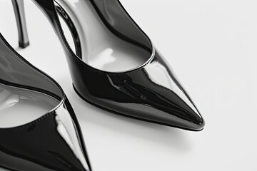 A close-up of stylish black high-heeled shoes with a glossy finish. on white background