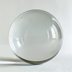 A clear glass sphere resting on a surface, reflecting light and surroundings. on white background