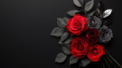 A solid black background. The color palette features deep midnight black, vivid crimson red, muted ash gray, and sharp silver highlights. 