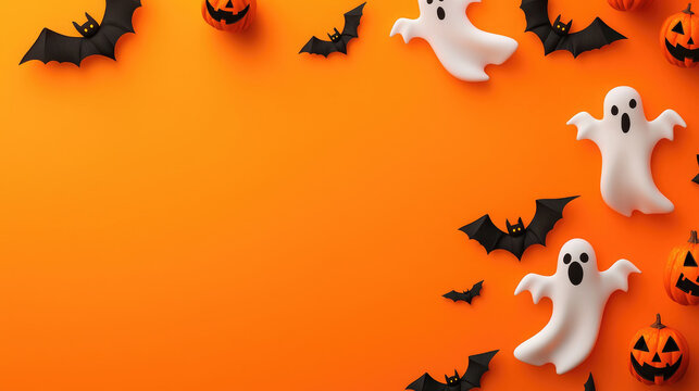 Halloween celebration with ghosts and bats orange background digital art festive atmosphere top-down view spooky theme for holiday decor