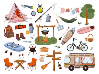 Aesthetic camping set. Equipment and transport for summer camp or hiking. Vector illustration on white background.