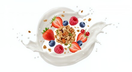 Delicious Granola with Berries and Milk Splash