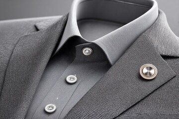 a hyper realistic close-up of a buttoned collar with visible fabric texture and polished lapel pin