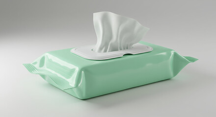 A package of light green baby wipes with white wipes sticking out on a white background studio shot
