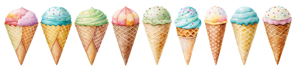 Watercolor Ice Cream Cones Set: Summer Sweet Dessert  waffle Cone Toppingson Sprinkles png