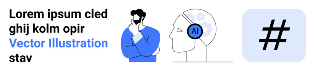 Obraz premium Man in thoughtful pose, AI in a human profile, and metadata tag sign. Ideal for technology, AI, creativity, innovation, data analysis, modern tools simple landing page