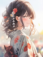 タイトル 日本画（Japanese painting）／美人画　美女　着物　anime　イラスト