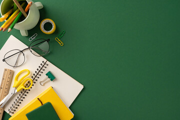School and stationary items including notebooks, pencils, scissors, and paperclips against a green...