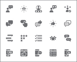 Review And feedback Icon Set. Vector collection of customer, rating, star rating, chat, testimonials, survey, support, communication, sign and element symbols or logo element.