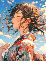 タイトル 日本画（Japanese painting）／美人画　美女　着物　anime　イラスト
