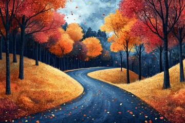 Fototapeta premium Winding autumn road through colorful forest