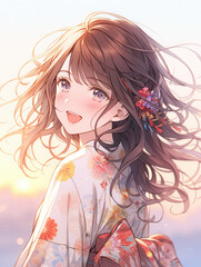 タイトル 日本画（Japanese painting）／美人画　美女　着物　anime　イラスト