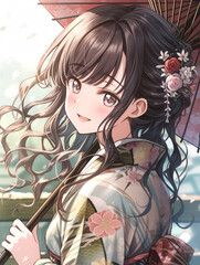 タイトル 日本画（Japanese painting）／美人画　美女　着物　anime　イラスト