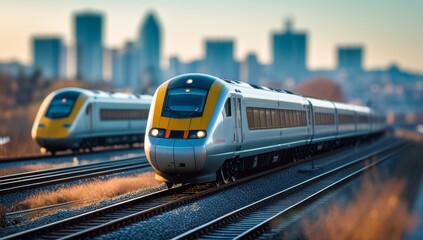 Naklejka premium Modern High-Speed Train on Rails with Cityscape Background at Sunset or Sunrise