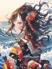 タイトル 日本画（Japanese painting）／美人画　美女　着物　anime　イラスト