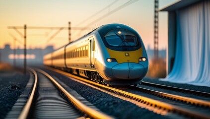 Fototapeta premium Modern Electric High-Speed Train Approaching on Tracks during Golden Hour at Sunset