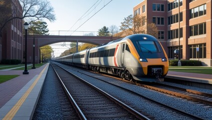 Naklejka premium Modern electric passenger train arriving at the platform during the daytime
