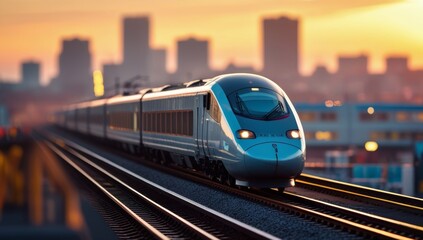 Fototapeta premium Modern electric high speed train in cityscape during sunset with vibrant light