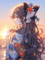 タイトル 日本画（Japanese painting）／美人画　美女　着物　anime　イラスト
