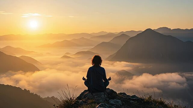 Person meditating on mountain top at sunrise over misty landscape