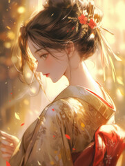 タイトル 日本画（Japanese painting）／美人画　美女　着物　anime　イラスト