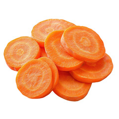 Fresh carrot slices arranged on a bright white background for culinary presentation and artistic display, carrots sliceisolated on white background
