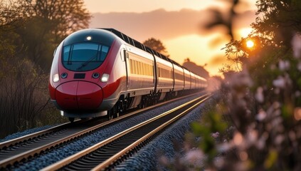 Naklejka premium High-Speed Train Journey at Sunset A Modern Transportation Marvel in Nature