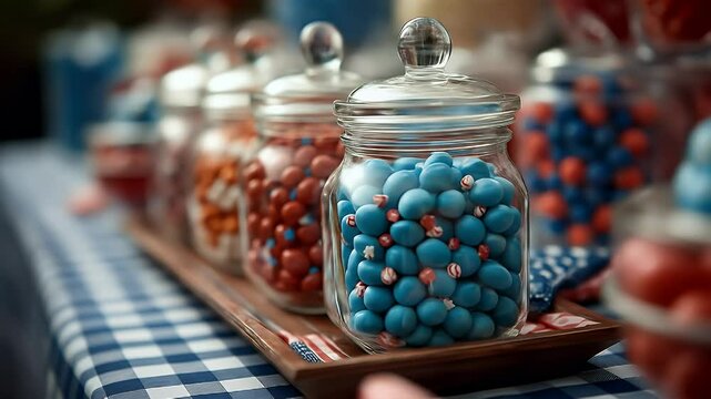 Colorful candy in glass jars on gingham tablecloth