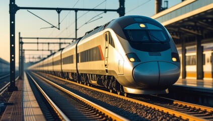 Fototapeta premium Modern high speed train on railway tracks in the evening light at station