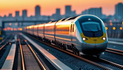 Naklejka premium High-Speed Train on Tracks at Sunset with Cityscape Silhouette in Background