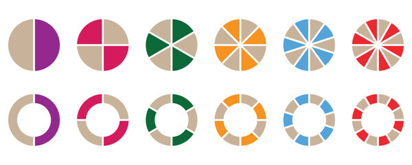 Collection of pie chart infographic icon set. Circle pie chart diagram. 2 to 10 sections or steps. Pie chart round. Loading bar set diagram multicolored collection. vector illustration isolated on whi