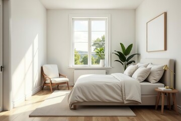 Bright, airy bedroom; white walls, beige bedding, window view, calm, peaceful, spacious