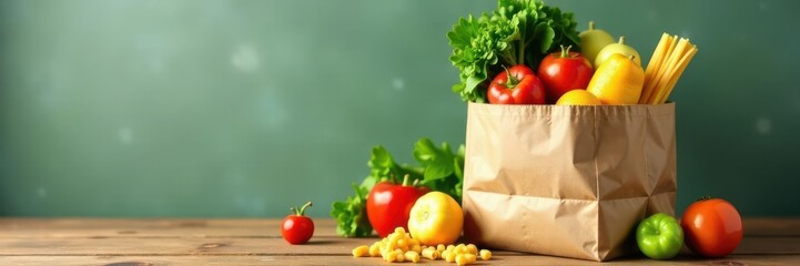 Brown paper bag overflowing with fresh produce, pasta, and canned goods , healthy food, diet