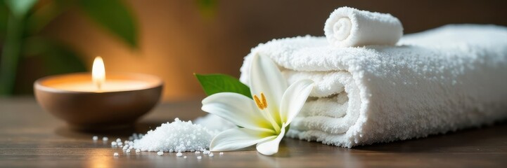 Fluffy towel, white lily, sea salt crystals, oil, sugar scrub, lit candle Relaxing spa scene , sea salt, peaceful