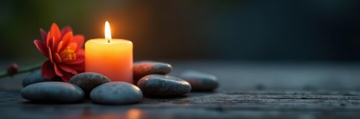 Glowing candle beside carefully arranged stones , stone pile, darkness