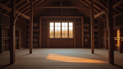 Rustic Library Attic Interior with Wooden Beams and Sunset View through Window