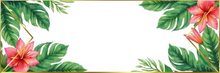 Obraz premium Golden geometric frame with lush tropical watercolor leaves Vertical rhombus border , texture, tropical leaves, card