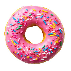 Delicious pink donut with colorful sprinkles isolated on a bright Transparent background for sweet cravings, Pink donut with sprinkles isolated on a PNG background