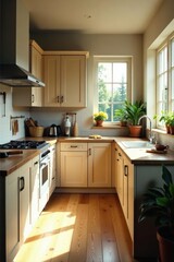Partial view, kitchen renovation, mason's tools visible, window, mortar, spacious