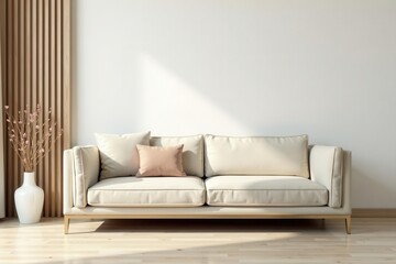 Muted beige fabric sofa against white wall, wooden accents, minimalist setting , frame, decor, beige