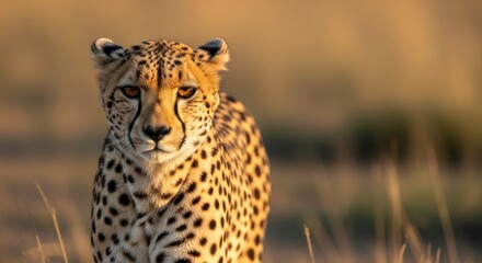 Naklejka premium Cheetah gazing intently while walking through tall grass in savannah 