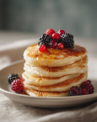 Fluffy pancakes with syrup look inviting. So delicious and incredibly appetizing