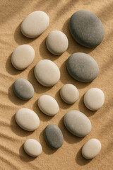 Smooth River Stones Arranged on Textured Sand with Natural Light and Shadows
