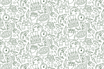 Seamless fishing-themed pattern with linear doodle elements. Repeating hand-drawn icons of rods, fish, hooks, and bait in a playful minimal style. Ideal for packaging, textiles, wallpapers