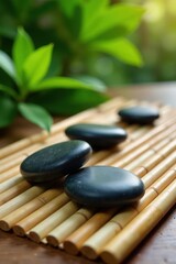 Smooth, warm spa stones rest on a natural bamboo mat , texture, wellbeing