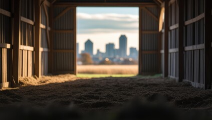 View from rustic barn overlooking distant city skyline on a hazy day
