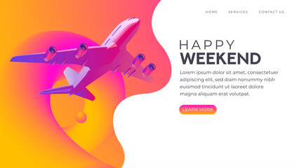 3D gradient illustration of a commercial airplane flying over a dynamic abstract background with "Happy Weekend" text, ideal for travel ads, holiday promotions, landing pages, or web banners