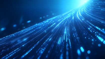 Fototapeta premium Abstract blue background with blurred speed lines, a road, and a highway in motion. Blue abstract background with fast-moving trails for the design of a digital technology website banner, 