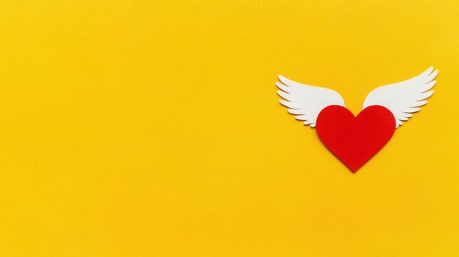 Bright red heart with white wings flying against a light blue background, symbolizing love and freedom in a creative and artistic representation